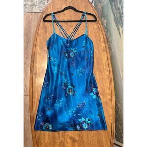 70s Vintage Fairycore Peignoir Satin Slip Dress Night Gown Festival Blue Floral